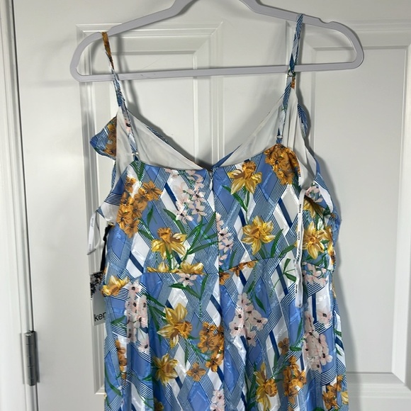 NWT KENSIE Womens Blue Ruffled Printed Spaghetti Strap V Neck Tea-Length 14 - Picture 6 of 10